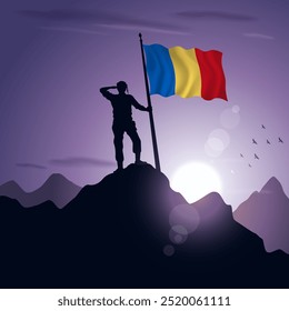 Bandera de Rumania izada en la cima de una montaña con una puesta de sol púrpura en el fondo, Ilustración vectorial