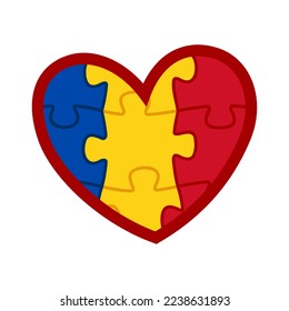 Icono de la bandera de Rumania. Piezas de rompecabezas de colores de la bandera rumana. Símbolo de amor. Corazón aislado sobre fondo blanco - logotipo. Emblema gráfico.