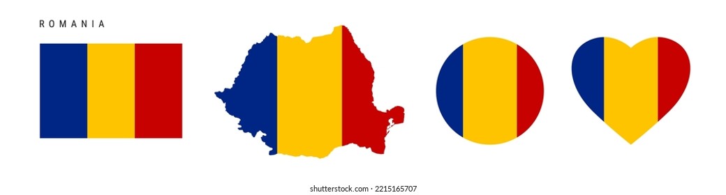 Romania flag icon set. Romanian pennant in official colors and proportions. Rectangular, map-shaped, circle and heart-shaped. Flat vector illustration isolated on white.