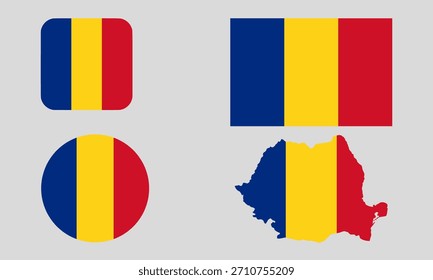 Romania Flag Icon Set in Square, Round, and Map Shapes. Clean Modern Collection. Perfect for use in apps, websites, presentations, infographics, educational materials, travel content.	