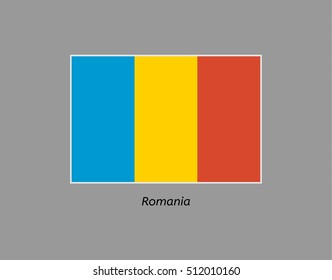 Romania flag. Illustration of the flag on gray backgound. Illustration contains text: romania