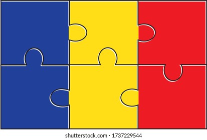 Romania Flag Jigsaw Puzzle. Vector illustration. 6 pieces of puzzles. Simple puzzles for kids.