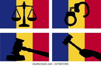 Romania flag with justice vector silhouette, judge gavel hammer and scales of justice and handcuff silhouette on country flag, Romania law concept, design asset, freedom idea