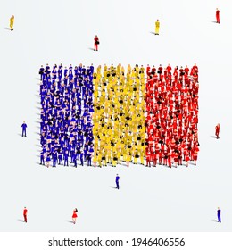 Romania Flag. A large group of people form to create the shape of the Romanian flag. Vector Illustration.