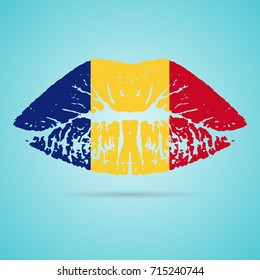 Romania Flag Lipstick On The Lips Isolated On A White Background. Vector Illustration. Kiss Mark In Official Colors And Proportions. Independence Day