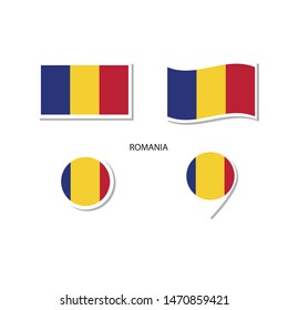 Romania flag logo icon set, rectangle flat icons, circular shape, marker with flags.