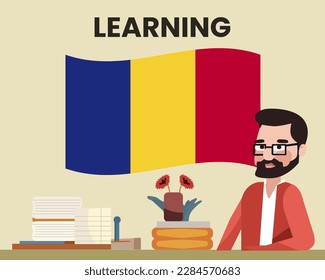 Romania flag with a male teacher, learning or teaching Romania language, bearded man with glasses and country flag vector design, language school concept