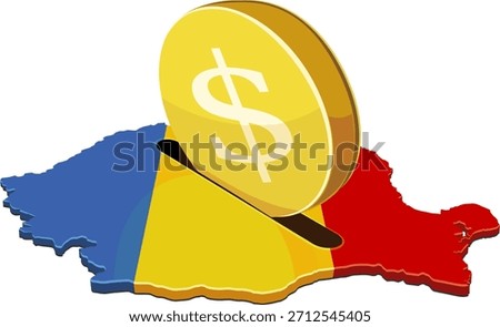 Romania flag map acting as a piggy bank receiving a giant golden dollar coin. Concept for foreign investment, national finance, or taxation. (cut out)