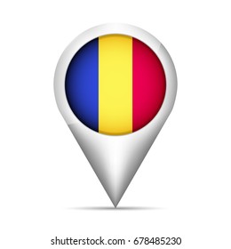 Romania flag map pointer with shadow. Vector illustration