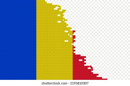 Romania flag on broken brick wall. Empty flag field of another country. Country comparison. Easy editing and vector in groups.