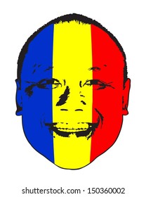 A Romania flag on a face, isolated against white. 