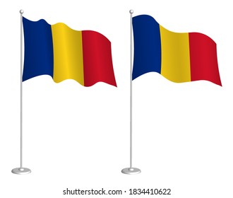Romania flag on flagpole waving in the wind. Holiday design element. Checkpoint for map symbols. Isolated vector on white background
