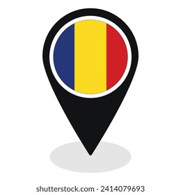 Romania flag on map pinpoint icon isolated. Flag of Romania
