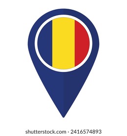 Romania flag on map pinpoint icon isolated. Flag of Romania