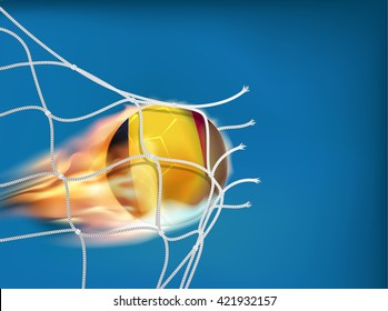 Romania flag on soccer ball goes through the net of goal in vector illustration, design for score in football with powerful shooting as a fire