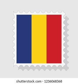 Romania flag postage stamp, isolated on white background, vector illustration.