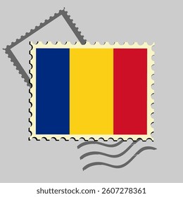 Romania flag postage stamp. Isolated vector illustration on grey post stamp background