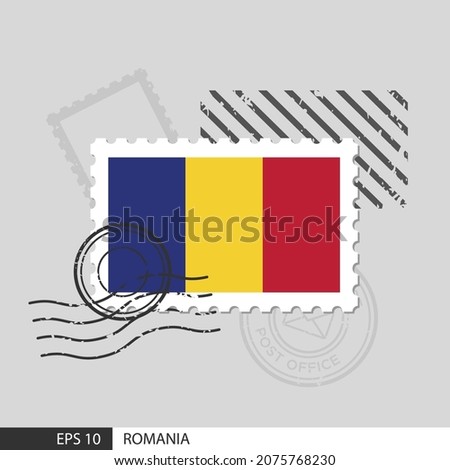 Romania flag postage stamp. Isolated vector illustration on grey post stamp background and specify is vector eps10.