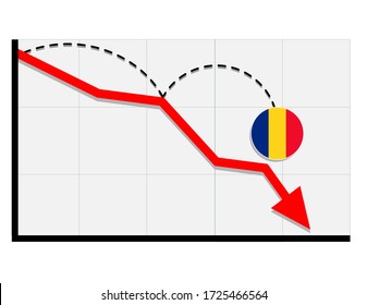 Bandera de Rumania con un gráfico de flecha roja cayendo que muestra la recesión económica y la caída de acciones. Crisis, concepto de economía de Rumania. Para temas como economía global, economía rumana, banca, finanzas