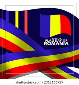 Romania flag with ribbons and bold text on dark blue background to commemorate Flag Day of Romania on June 26