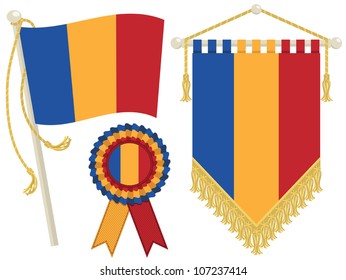 romania flag, rosette and pennant, isolated on white