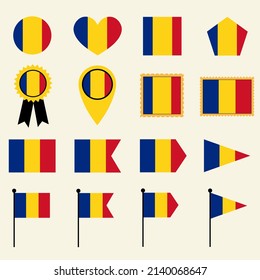 Romania flag set in 16 shape versions. Collection of Romania flag icons with square, circle, heart, triangle, medal, stamp and location shapes.