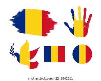 Romania flag set, flag of Romania collection. Flag in grunge, Dove, Handprint, square and round shape. vector illustration