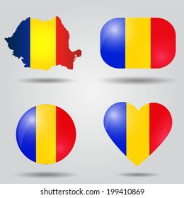 Romania flag set in map, oval, circular and heart shape.