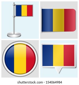 Romania flag - set of various sticker, button, label and flagstaff