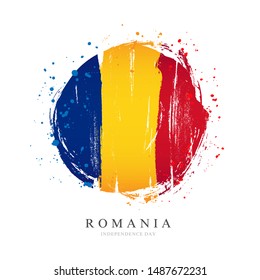 Romania flag in the shape of a big circle. Vector illustration on a white background. Brush strokes are drawn by hand. Independence Day.