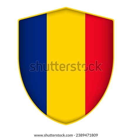 Romania flag in shield shape. Vector illustration.