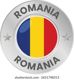 Romania flag in silver colored medal. National flag in metal circle emblem.