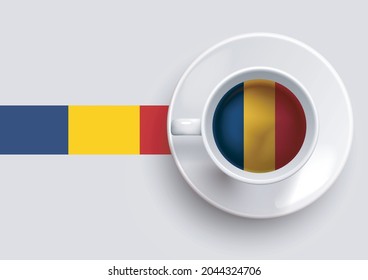 Romania flag with a tasty coffee cup on top view and a gradient background. Hot beverage with Romania flag, vector illustration. 
