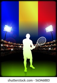 Romania Flag and Tennis Player on Stadium Background Original Illustration