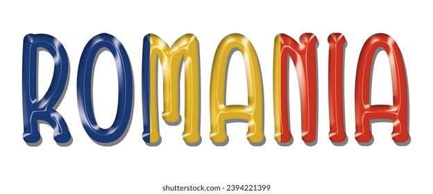 Romania flag text font, 3D Romania flag colorful background, Romania flag vector illustration
