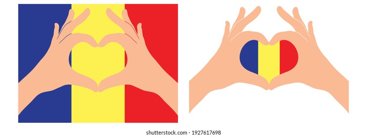 Romania  flag. Two hands in the form of a heart with flag of Romania 