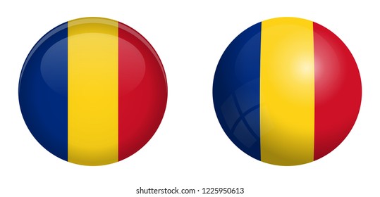 Romania flag under 3d dome button and on glossy sphere / ball.