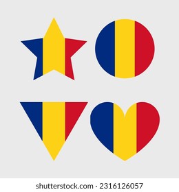 Romania flag vector icons set of illustrations in the shape of heart, star, circle and map