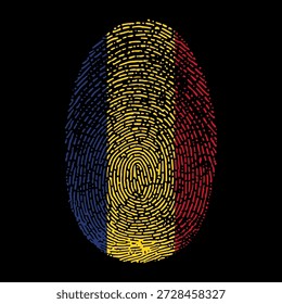 Ilustración vectorial de la bandera de Rumania en forma de huella dactilar. Bandera nacional rumana como símbolo de patriotismo, identidad y orgullo sobre fondo negro.