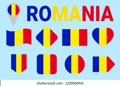 Romania flag vector set. Different geometric shapes. Flat style. Romanian flags collection. For sports, national, travel, geographic design elements. isolated icons with state name