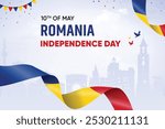 Romania Flag Waving On Skyline Background. National Independence Day Concept Design Vector Illustration.