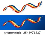Romania Flag wavy ribbon, detailed realistic style with shiny light effect and confetti. Romania Independence Day, national flag concept for presentations, website, banner, social media