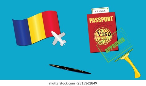 Romania flag with white plane icon. Passport with visa approved stamp. Black stylish Pen. Romanian Travel poster. Editable vector EPS available