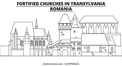 Romania - Fortified Churches In Transylvania travel famous landmark skyline, panorama, vector. Romania - Fortified Churches In Transylvania linear illustration