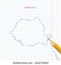 Romania freehand pencil sketch outline vector map on checkered pattern school notebook page