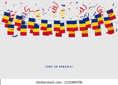 Romania garland flag with confetti on gray background, Hang bunting for Romania celebration template banner. vector