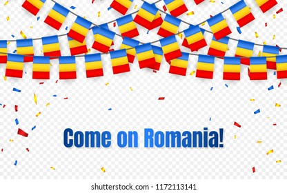 Romania garland flag with confetti on transparent background, Hang bunting for celebration template banner, Vector illustration.
