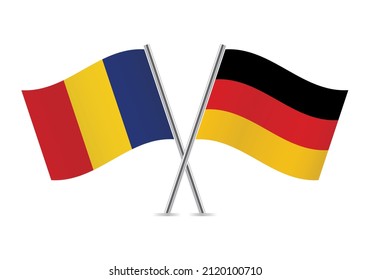 Romania and Germany crossed flags. Romanian and German flags, isolated on white background. Vector icon set. Vector illustration. 