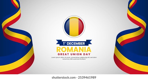 Romania Great Union Day 1 December background with national waving ribbon flag