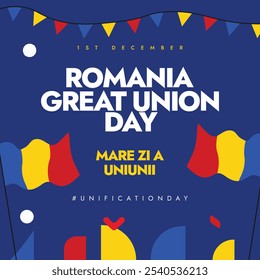 Rumania gran día de la unión. 1 de diciembre Rumania Anuncio de celebración del Día de la Unión con sus banderas, Elementos de arte Abstractas. El día recuerda la unificación del país en 1918, y está marcado como fiesta nacional.